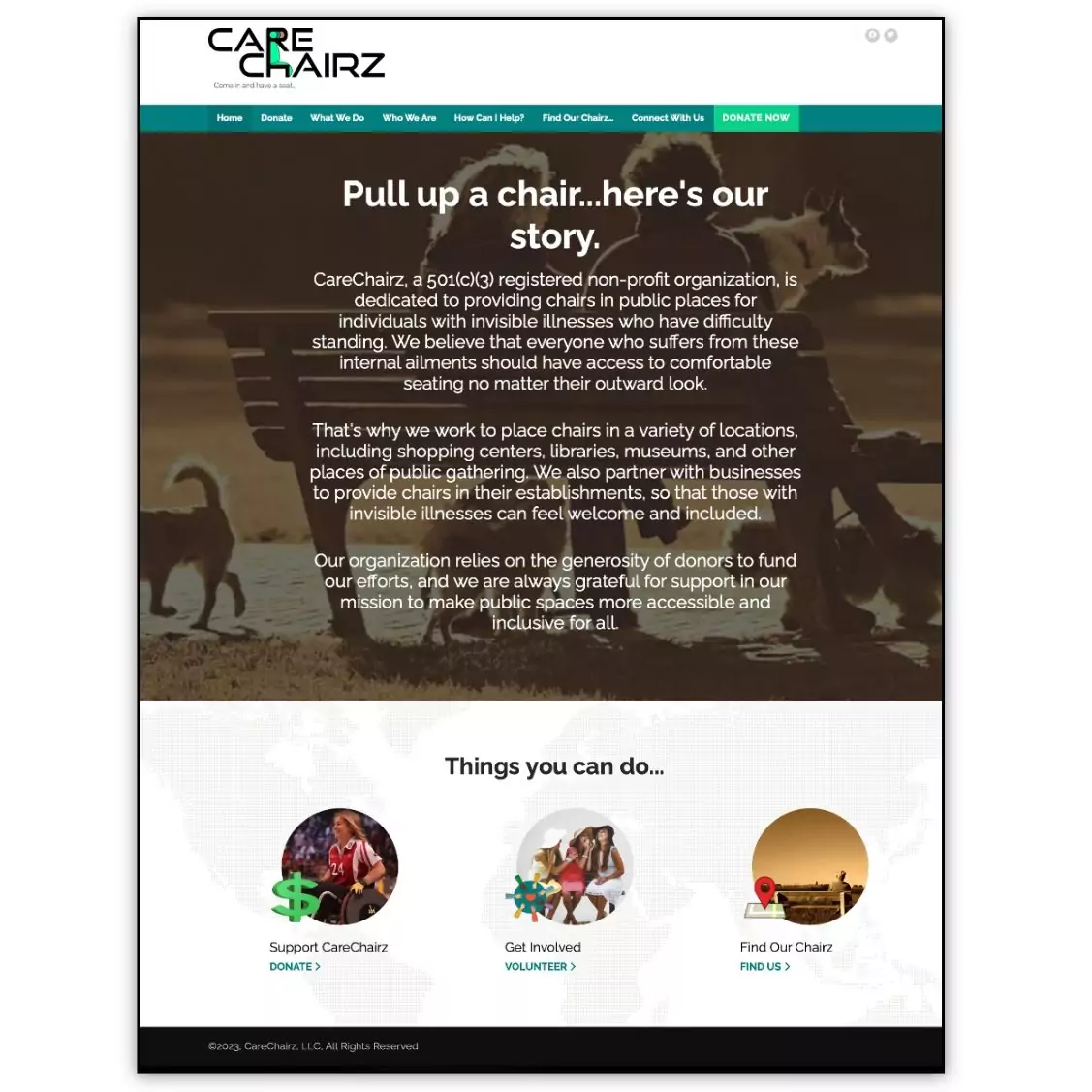 The front page of CareChairz.org website